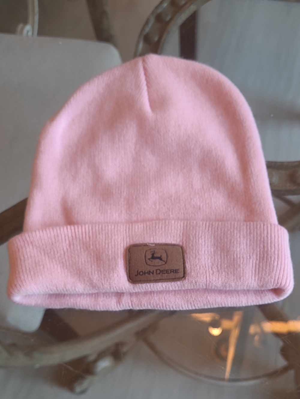 John Deere Light Pink Knit Beanie with Leather Logo Patch